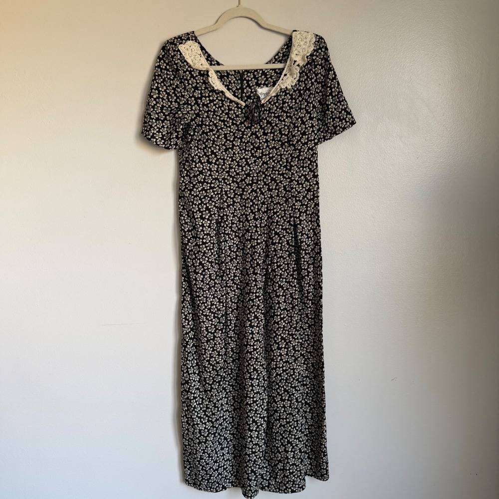 Vintage Jeffrey & Dara Floral Wide Leg‎ Jumpsuit Lace Collar Black White 90s 7/8